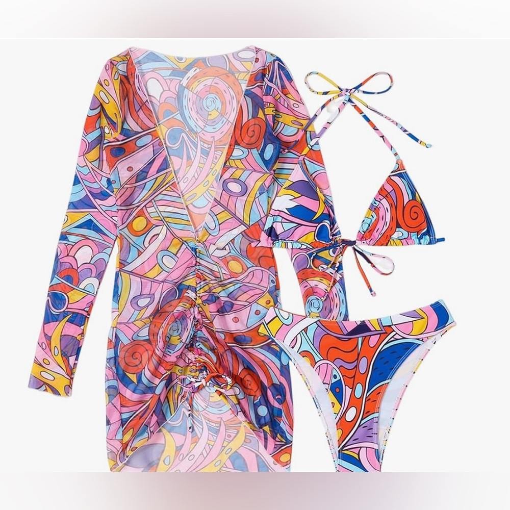 ✨Sony Hux 3 Piece Tropical Triangle Halter Bikini with Cover Up Dress Size Large
